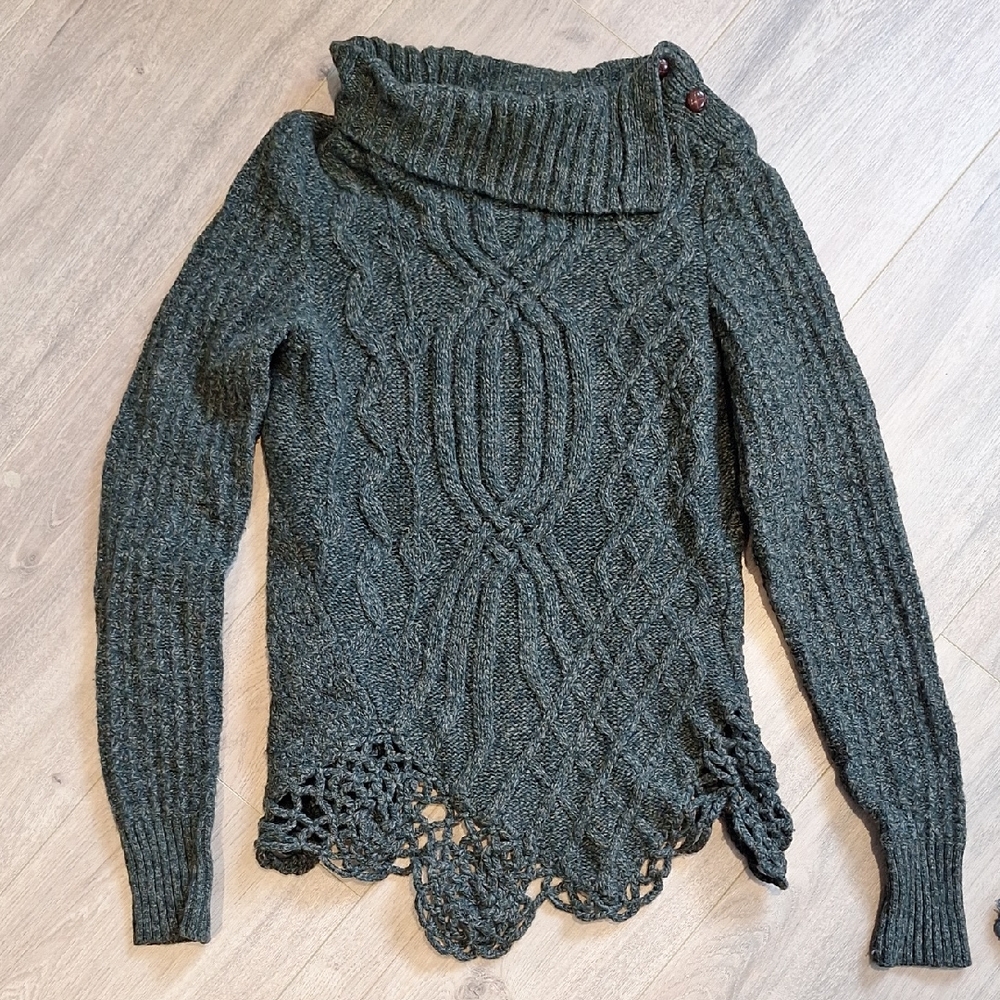Anthropologie Moth Moss Green Cable Knit Cowl Sweater